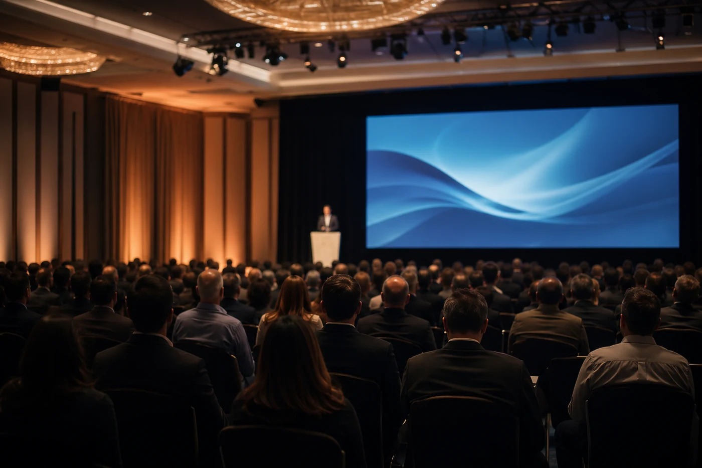 Premium conference room with a keynote stage and attentive business audience